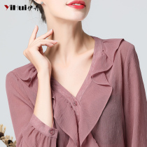 2022 Summer Dress New Snowspun Shirt Woman 70% Sleeve blouse Lotus Leaf Side V Collar Shirt Mid Sleeve Pink Shirt Summer