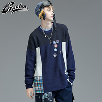 GUUKA Tide brand color round neck sweater male loose youth Hip Hop stitching lazy style knitted sweater thickened