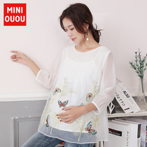 Pregnant women T-shirt chiffon shirt 2021 summer new hot mom tide seven-piece sleeve jacket foreign-style pregnant mother embroidery maternity