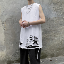 Ins personality trend sleeveless T-shirt tide brand hole vest men's tide oversize waistcoat destruction hem base shirt