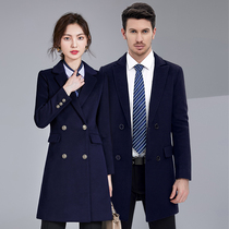 Professional woolen coat overalls men and women with waist cotton padded thick black woolen coat front desk tooling winter