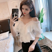 Net red white shirt shoulder autumn and summer Korean version of strapless collarbone short sleeves very fairy sling chiffon shirt female