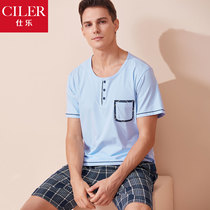 Shile mens home clothing set spring new mens mid-sleeve shorts cotton small round neck pajamas can be worn outside