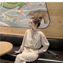 2019 summer new Korean tie bow wave chiffon black shirt women's slim slim shirt