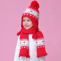  Baby ear protection cap scarf Autumn and winter red lace girl plus velvet warm hat Childrens wool hat set