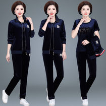 High-grade mother spring sports set 2021 new 50-year-old womens clothing size golden velvet three-piece set