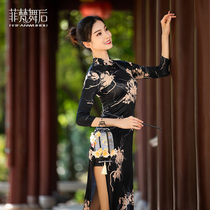 Fivan dance post-elastic printed Chinese wind classical dance qipao with a fork cheongsam dance to serve Latin qipao