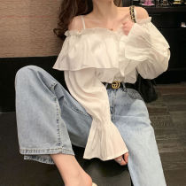 White Lined Shoulder Harness Shirt Woman Design Sensation Little Crowd 2021 Spring Pop Korean version Fashion foreign air lining blouse