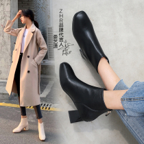 ZHR thick heel square head short boots women 2021 new winter plus velvet net red thin boots Martin hundred shoes children