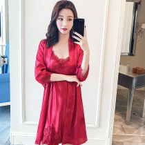 Sleepwear Female Summer Sexy Ice Silk Thin Spring Autumn Lace Middle Long Sleeve Pyjamas home Clothing Harness Sleeping dresses Dress Two sets