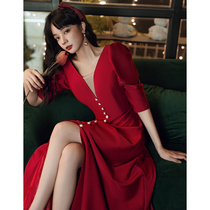 Toast with great dress code bridal red dress normally able to wear back door V neckline dress fish tail cover fat mm spring autumn