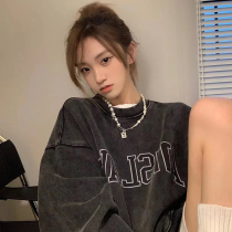 Autumn Winter Big Code Womens Fashion Country Tide Base American Alphabet Printed High Street Wash to do the old plus suede sleeve head round neckline