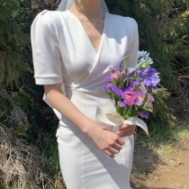 Hepburn style new banquet evening dress retro travel patter simple light wedding dress female fishtail temperament dress summer