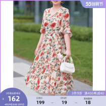 MSShe big code womens dress 2022 new fat mm summer dress law style up slim V collar crushed flower platycoon dress