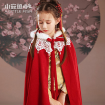 Girl Hanfu Tang suit cloak cloak Chinese style hooded fur collar thick warm outer cover 2021 autumn and winter New