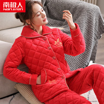 Big red pajamas wedding festive womens winter flannel coral velvet three-layer padded cotton thickened year of life home clothes red