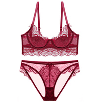 Wine red plus size bra big chest D cup E cup Micro-gathered ultra-thin adjustable sexy underwear womens bra set