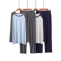 Mens sleepwear autumn Modale elastic collage long pants long sleeve round neckline jacket head male family home for spring and autumn suit