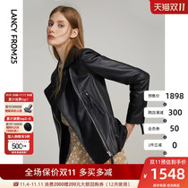 Long Sleeve European and American Biker Leather Coat Autumn Winter New Women's Black Suit Collar Sheepskin Leather Short Jacket