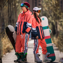 Ski suit men and women couples suit plus velvet waterproof veneer double board Japanese and Korean tide cone leg windproof and warm ski suit