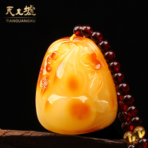  Tianguang Hui natural amber beeswax Gourd pendant Yellow honey amber necklace pendant Mens and womens gourd pendant with certificate