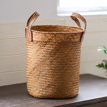 Kens Day Style Grass-knitted containing barrel Home braided Dirty Clothes Bucket with double ear Grass choreography Containing Basket Minima Flower Pot
