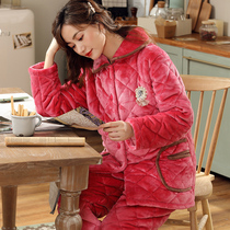 Pajamas women winter coral fleece cotton size 200kg three-layer padded velvet warm middle-aged mother flannel