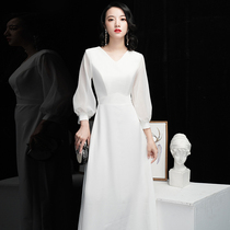 Evening dress dress female white long sleeve light luxury niche high-end temperament usually wear banquet host autumn