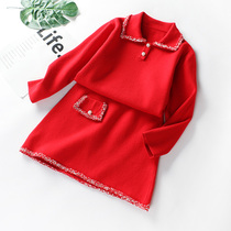 Girls wool set autumn and winter 2020 middle and big children foreign girl knitted children red two-piece sweater skirt