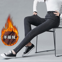 Winter plus velvet elastic waist jeans womens size high waist feet smoke gray four-sided high-elastic padded trousers thin