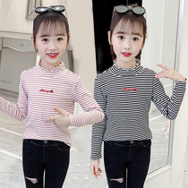 Girls high neck base shirt Pure cotton autumn and winter thin Western style top Childrens long-sleeved T-shirt Spring and autumn slim stripe tide