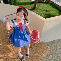 Girl Bump Color Short Sleeve Butterfly Knot Dress 2021 Summer Childrens Baby Square Collar Lace Adorable Princess Skirt Ocean