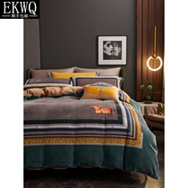 EKWQ American milk velvet Winter double-sided velvet duvet cover European court thickened flannel four-piece set Chinese coral velvet