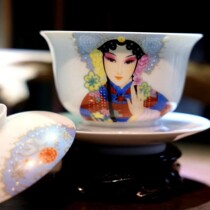 (Leap ten Fasting) Hand-painted High White Clay Three Talents Cover Bowl Peking Opera Flowers Denier National Quintel Jade Clay Ceramic Tea Bowl