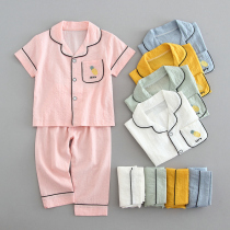 Summer childrens pajamas cotton yarn short-sleeved trousers boys and girls baby middle and big childrens home clothes cardigan suit thin section