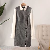  Chunyuan S home 19 autumn and winter elegance inlaid bright silk wool stitching fake two-piece dress