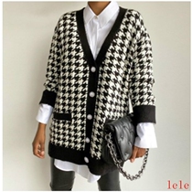 winter plaid knitted loose cardigan sweater sweater women