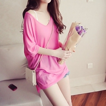 Port Wind Summer Leaky Shoulder Short Sleeve Large Neckline T-Shirt Woman Half Sleeve Ice Wire Second Half Body Missing Loose Sexy Big Code Blouse