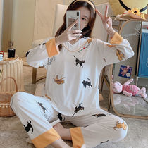  Korean version of spring and autumn pajamas womens autumn and winter thin long-sleeved cartoon loose home clothes two-piece suit summer cute cat