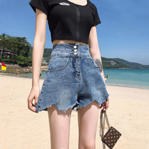 High waist printed denim shorts womens 2020 spring and summer new Korean version loose thin wild a word wide leg hot pants