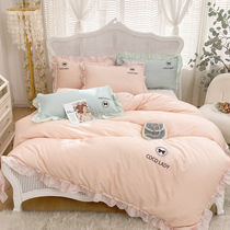 Covered bed linen four pieces of pure cotton full cotton all season universal princess wind quilt cover four sets of sets of inset wind girls Korean
