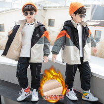  Boys plus velvet jacket winter clothes Large children thickened medium-length windbreaker Childrens autumn and winter Parker clothes cotton clothes trendy men