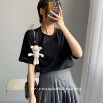 kimhekim early spring doll small bear paparazzi pendant behind letter printed short sleeve T-shirt female tide