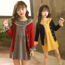 Korean girls clothes 2020 spring and autumn new cotton knitted jacket large lotus leaf collar dress girls two-piece suit