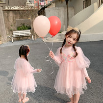  Girls long-sleeved dress 2021 Spring childrens baby flower fairy sweet princess bubble sleeve gauze skirt Western style