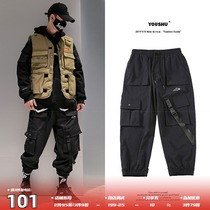 Bundle foot overalls mens Tide brand autumn new national tide function wind loose nine-point trend casual plus velvet pants