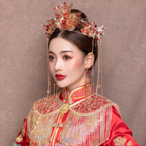 2021 new Chinese style ancient classic show and head decorated with red flowers semi-circle crested crested golden long stream subride headwear