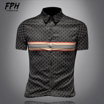 European Station Summer Plaid Fashion Printed Short Sleeve Shirt Mens Manic Tide Cards Big Code Casual Lining New Frontier Cotton