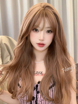 Hum house wig womens long hair summer full head cover orange big wavy long curly wig lolita wig