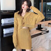 Spring suit Korean version of the temperament twist cardigan sweater high waist knitted half skirt womens new two-piece suit tide